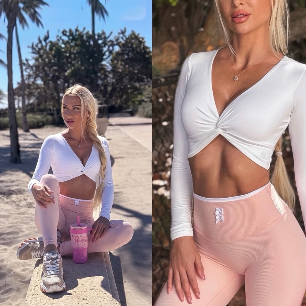 Women’s White Twist-Front Crop Top and Pink Leggings Set